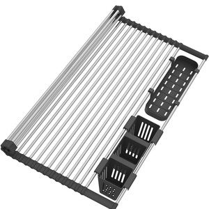 NIB Stainless Steel Over The Sink Retractable Drying Rack+Two Storage Baskets